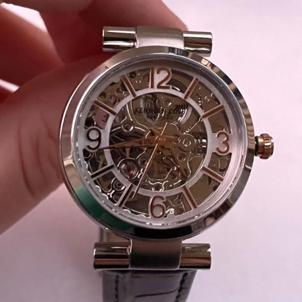 Vintage Kenneth Cole Women's Skeleton water resistant gray leather band Watch